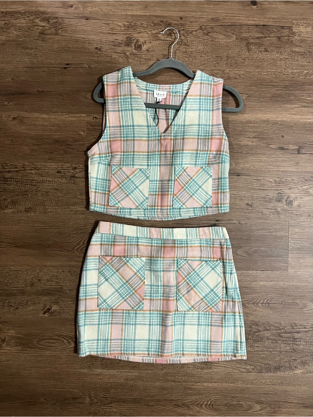 Le Lis Pastel Pink & Mint Plaid Mini Skirt Set